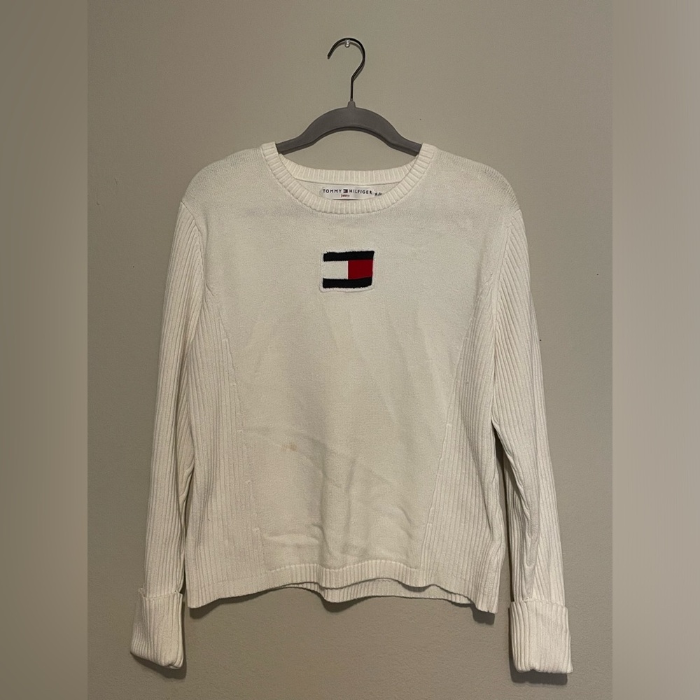 Vintage Women’s Tommy Hilfiger Classic Flag Logo Ribbed Fitted Sweater | Size XL